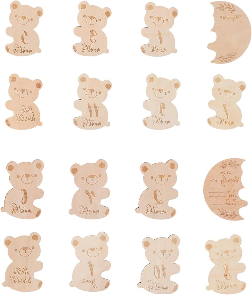 Houten Kaarten - Mijlpaalkaarten Baby - Babyfoto's Maken - Berenmotief Design - 10 x 7 cm - Natuurlijke houtkleur