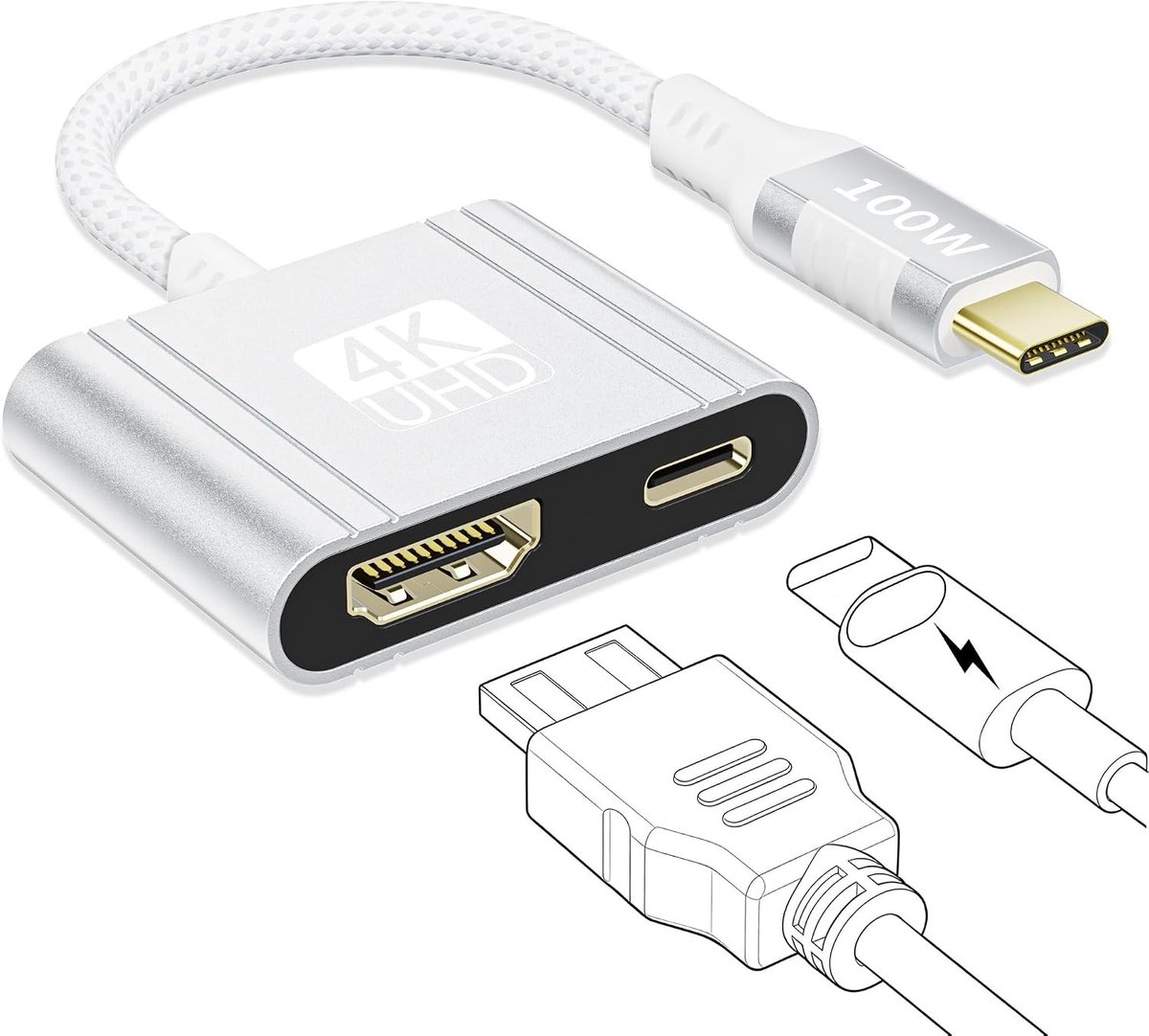 USB C naar HDMI Adapter - Zilver - 2-in-1 Hub met 100W PD - Voor Laptop en Smartphone