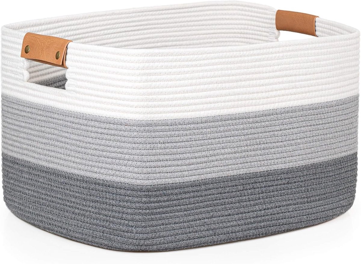 Grote Opbergmand voor Dekens en Speelgoed, 50L Woven Rope Mand met Handvat, 40 x 30 x 30 cm, Grijs, Decoratieve Oplossing voor Woonkamer en Organisatie