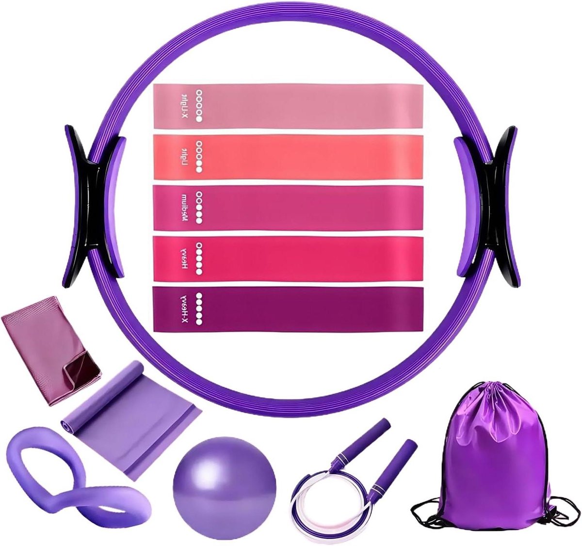 Pilates Set - Fitness Set - Thuis Trainen - 12 Delig - 38 cm Ring - Paars