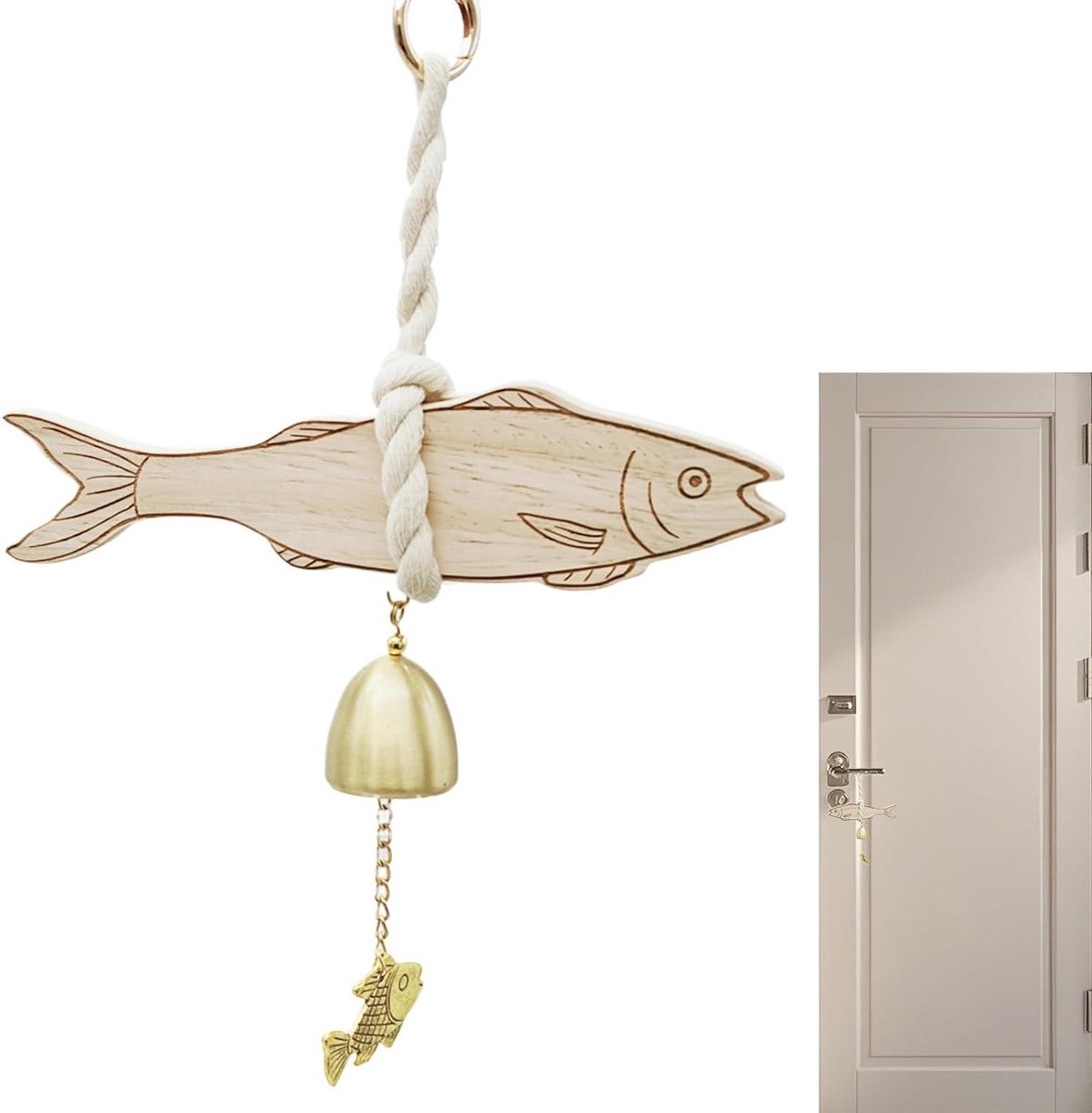 Houten Deurbel - Winkelbel Vis - Entree Decoratie - Sfeervol Houtdesign - 30 cm - Houtkleur