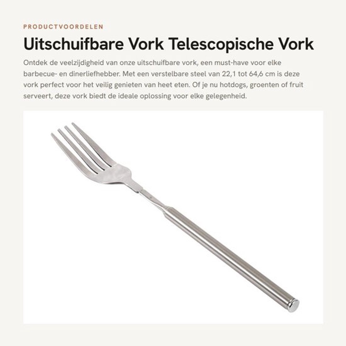 Uitschuifbare Vork - Telescopische Vork - Roestvrij Staal - BBQ/Diner - Hotdogs/Groenten - Verstelbare Lengte 22,1-64,6 cm - Grillvork