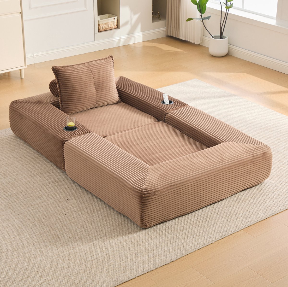 Wishdor Slaapbank - Uitklapbaar - Met opbergvak en bekerhouder - Afneembare armleuningen - Corduroy - Bruin - 122 cm