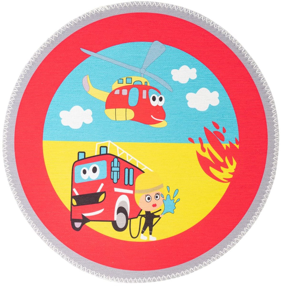 Padiro rond kindervloerkleed Ø 160 cm - rood - speels kindermotief - met brandweermotief - geschikt voor vloerverwarming - van polyester