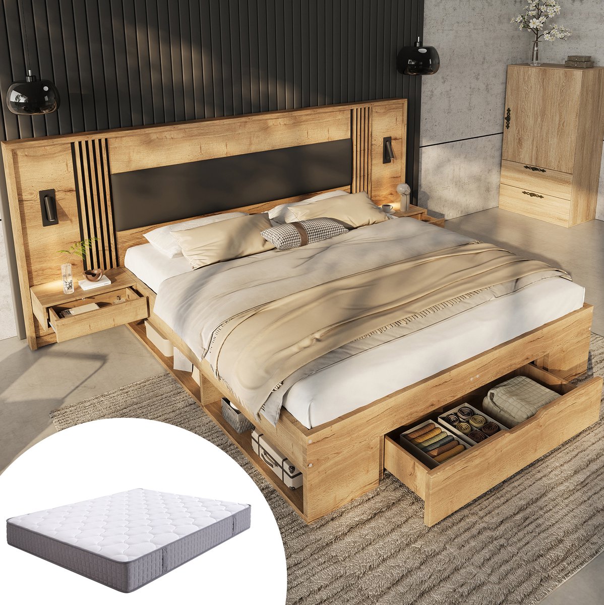 Wishdor Tweepersoonsbed 180x200 cm - Opbergbed met leeslamp - 2 nachtkastjes - lades - inclusief matras - naturel - MDF Natural
