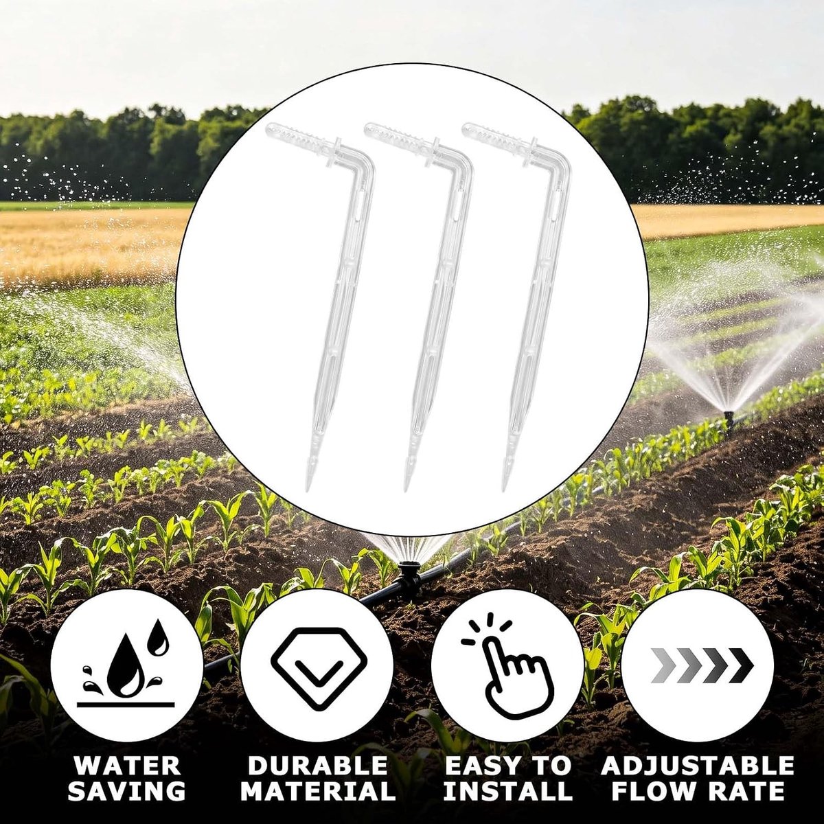 50 stuks irrigatiedruppels voor druppelirrigatie, 4/6 mm, 10 cm, transparant, recht en gebogen micro-druppelaars voor tuin en plantenverzorging