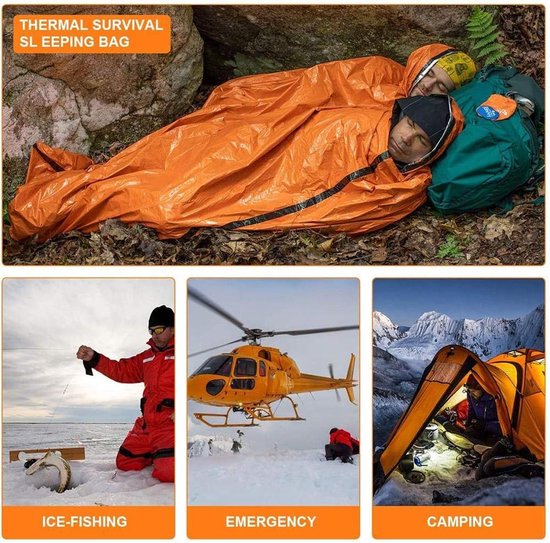 Nood slaapzak - Overlevingsdeken - Buiten avonturen - Houdt 90% warmte vast - 213 cm lang - Oranje — afbeelding 3