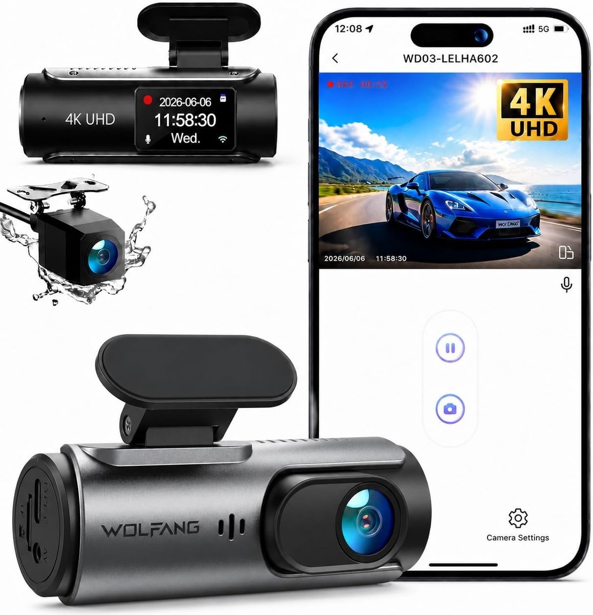 Dashcam voor auto - Zwart - 4K en Full HD - Dubbele Camera met Nachtzicht en WiFi - Voor Veilig Rijden