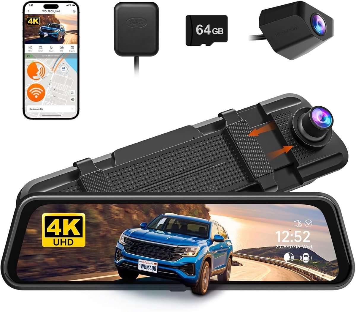 Dashcam voor auto - Zwart - 10 inch - Spiegel met 4K Voorcamera en 1080P Achtercamera - Met ADAS, GPS en Wifi