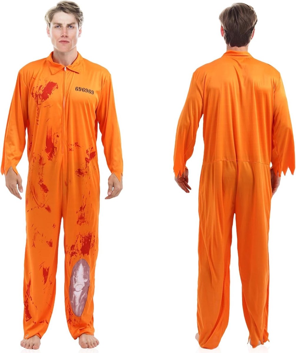 Oranje gevangeniskostuum voor mannen en vrouwen, inclusief overall en accessoires voor Halloween en themafeesten