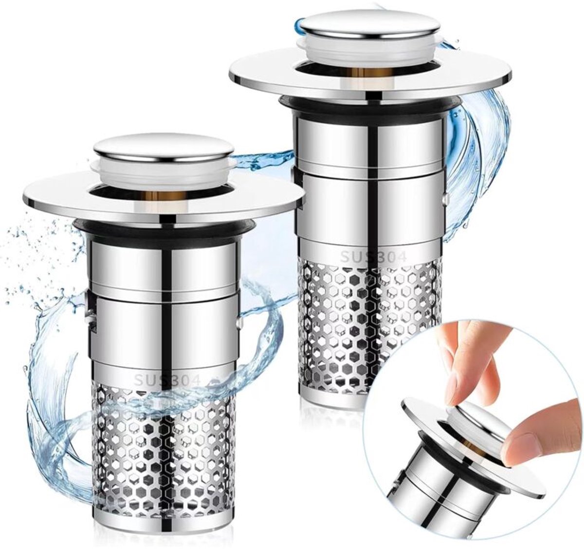 Badkuipstop, universele wastafelstop met filter, uitschuifbare wastafelstop, afvoerstop, 2-pack