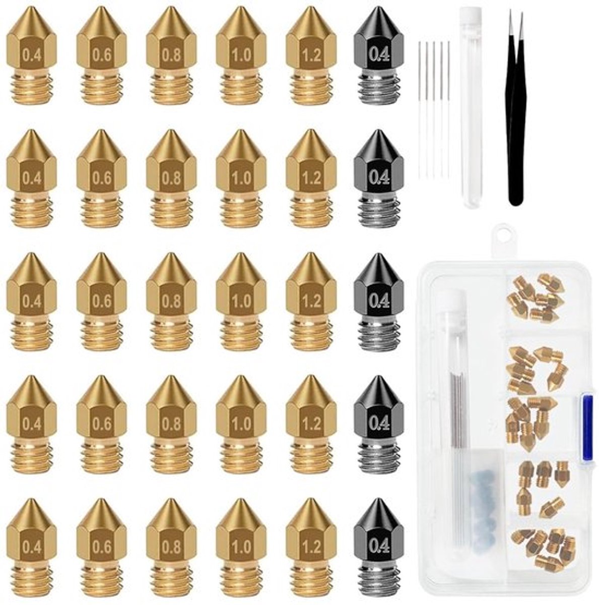 Sproeiers 30 Stuks - Gehard Stalen Sproeiers 5 x Messing Spuitmondjes - Reinigingsset - Voor 3D-printer - Hoge Thermische Sterkte - Geschikt voor PLA/TPU/ABS - Spuitmond