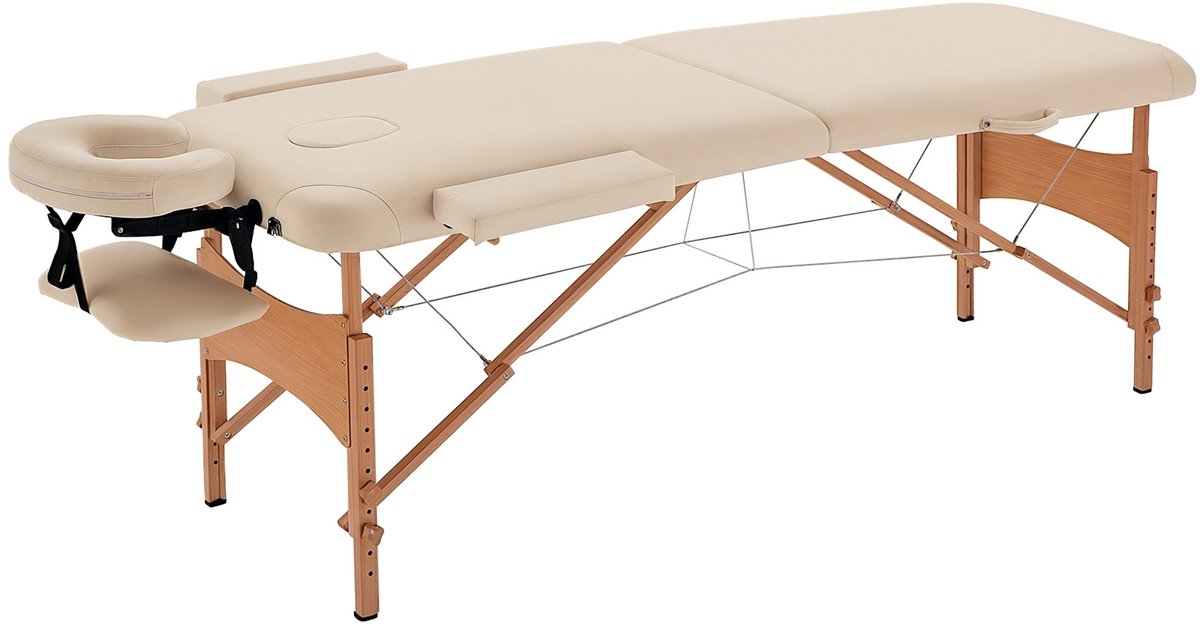 HOMCOM-Massagetisch-Buchenholz, Kunstleder-185L x 60B x 61-87H cm-Cremeweiß