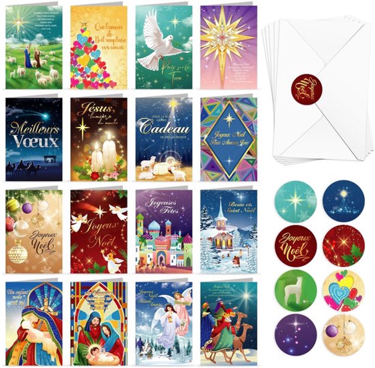 Kerstkaarten Set - 16 Stuks - Religieuze Wenskaarten - Vrolijke Feestdagen - Met Envelop - Beste Kerstmis