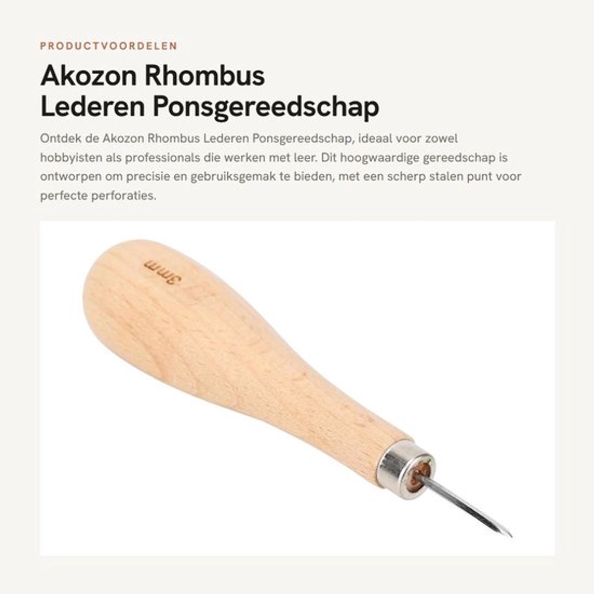 Ponsgereedschap 3 mm Stalen Puntpriem - Ergonomisch Beukenhouten Handvat - Ruit Priem - Robuust Materiaal - Nauwkeurige Perforaties - Leerpunt