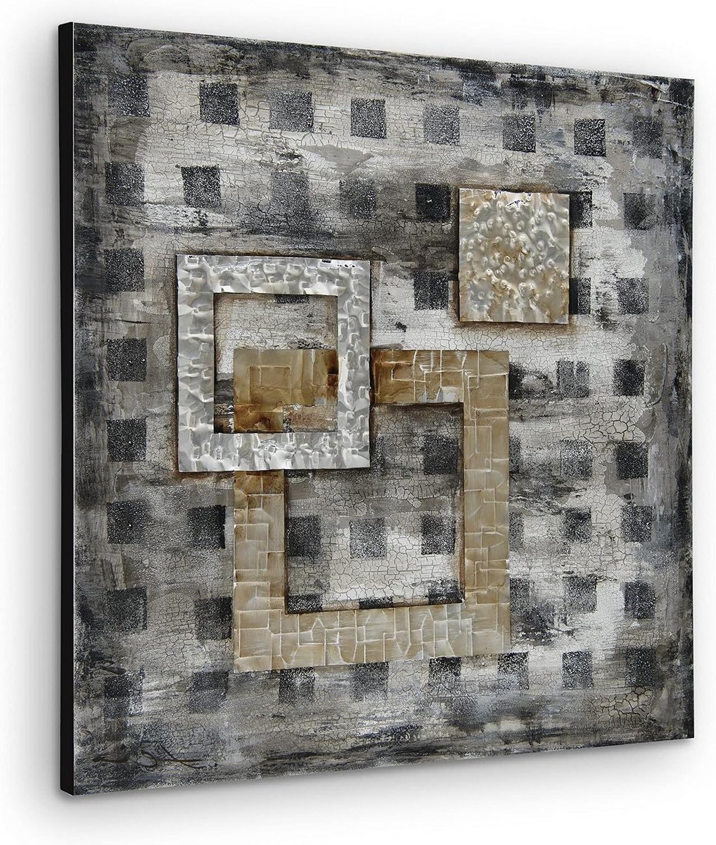 Abstracte Wanddecoratie - Wandkunst Metaal - Woonkamer Aankleden - Handgemaakt Metaal - 80x80cm - Grijs Goud