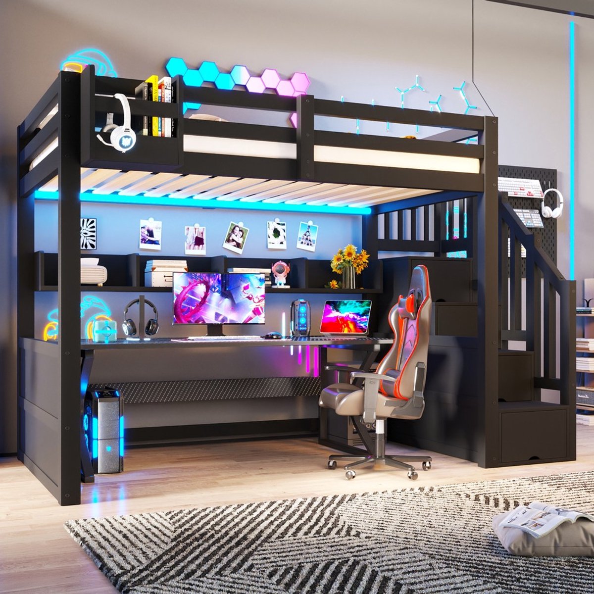 Pugsdrly Houten hoogslaper van 90x200 met opbergkasten, led-verlichting en trap met opbergruimte, zwart