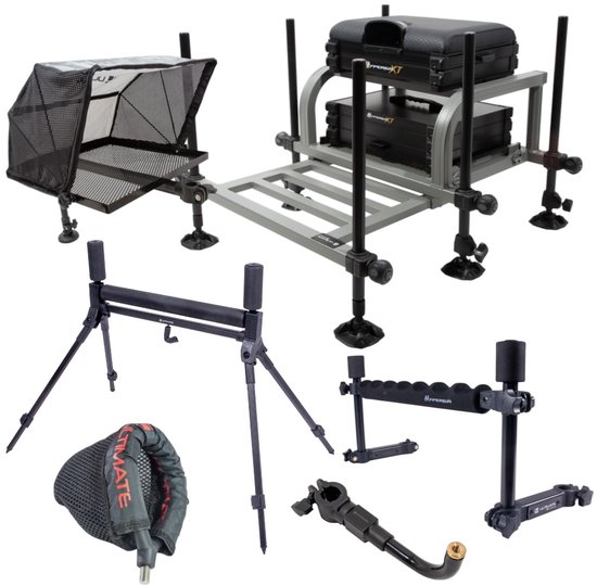 Zetelbox met plateau, net, steunen en accessoires.