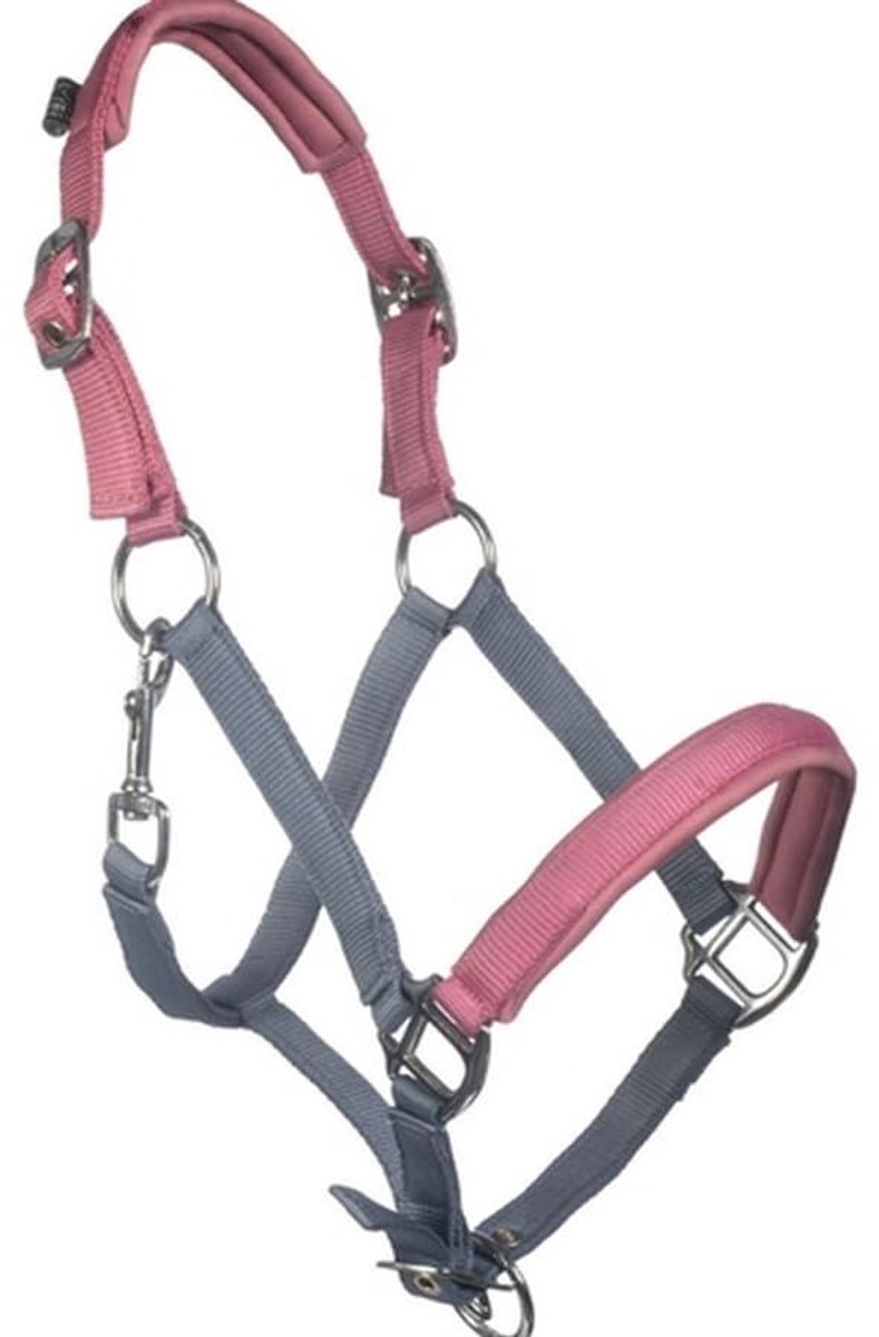 Pony Halster - Paardenhalster Tuigage - Comfortabel Gebruik - Softopreen Gevoerd - Pony Maat - Smokey Blauw/Roze