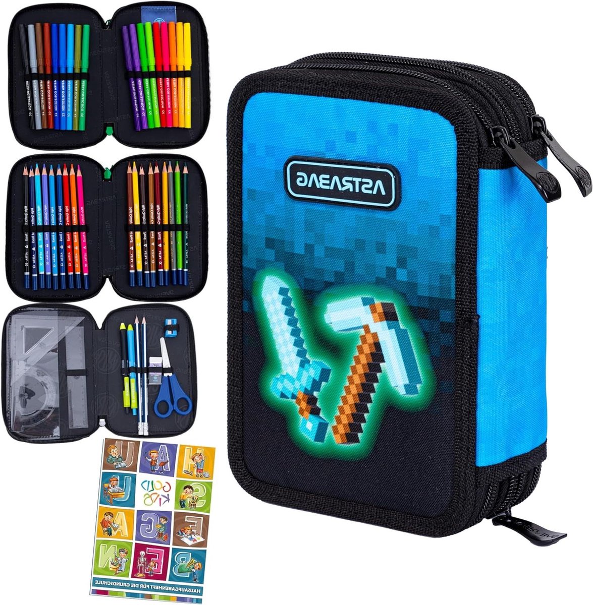 Etui met etui - Schooltas etui - Schoolspullen organiseren - Drie vakken - Volledig gevuld - Blauw Pixel