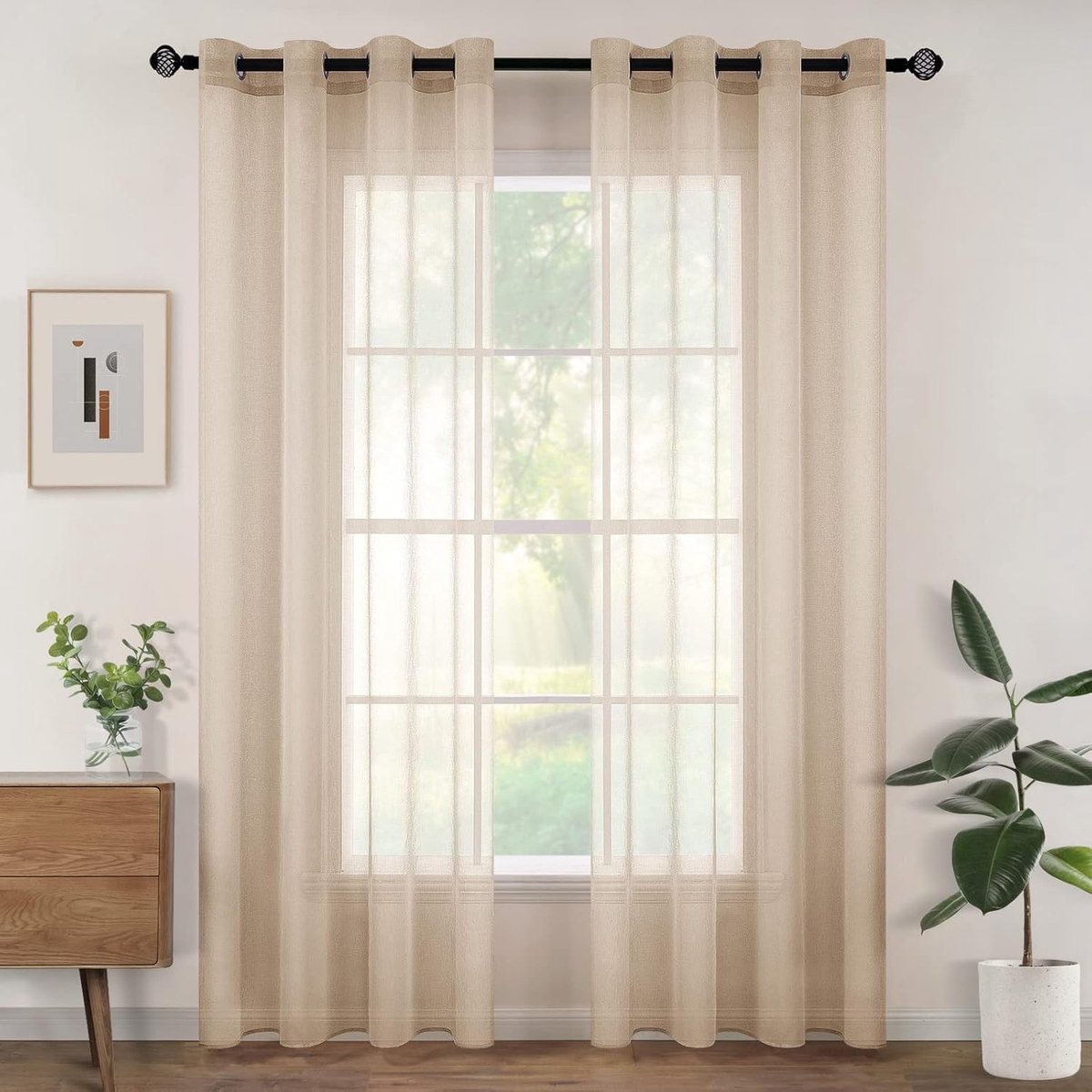Gestreepte paneelgordijnen - Beige - 140 x 215 cm - Transparante Voile Gordijnen met Ringen - Voor Woonkamer en Slaapkamer