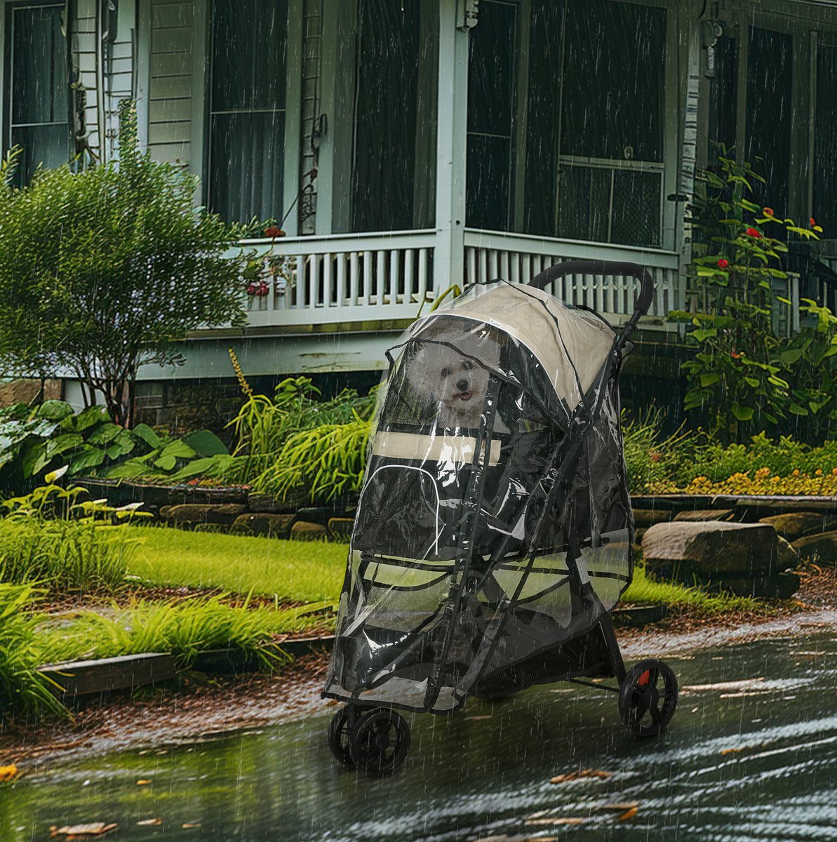 COVREO Dierenbuggy 80,5 x 51,5 x 100 cm khaki, polyester, met regenhoes