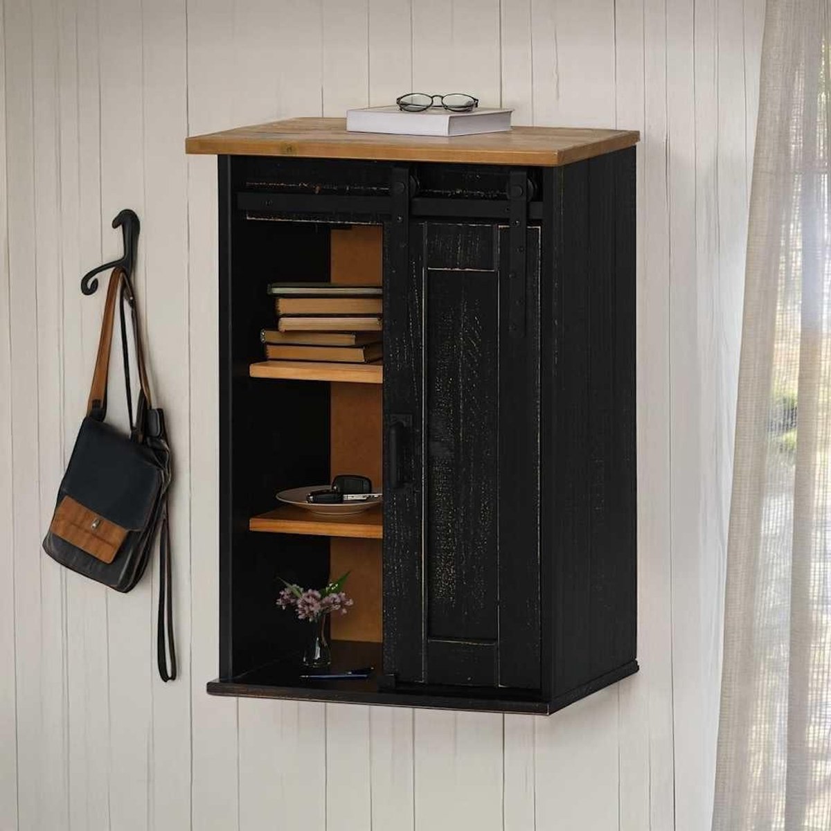 Wandkast Keuken - Keukenkastje Bergkast - Keuken Organiseren - Massief Hout - 49 x 22.5 x 70 cm - Zwart