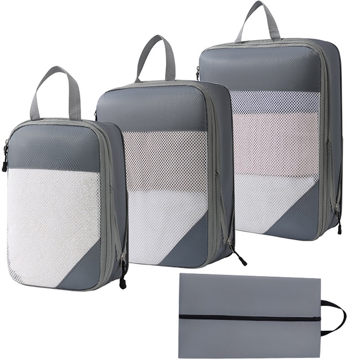 MODFU Compressiezakken voor Kleding – 4-delige Reis Set met 3 Cubes & 1 Schoenentas – Ruimtebesparend & Waterdicht – Oxford Stof – Grijs – 40x30x9 cm