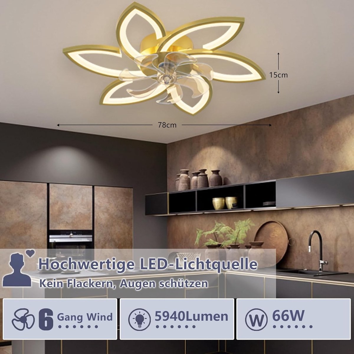 LED-plafondventilator met Verlichting - Goud - 78 cm - Dimbare Plafondlamp met Ventilator - Voor Woonkamer en Slaapkamer