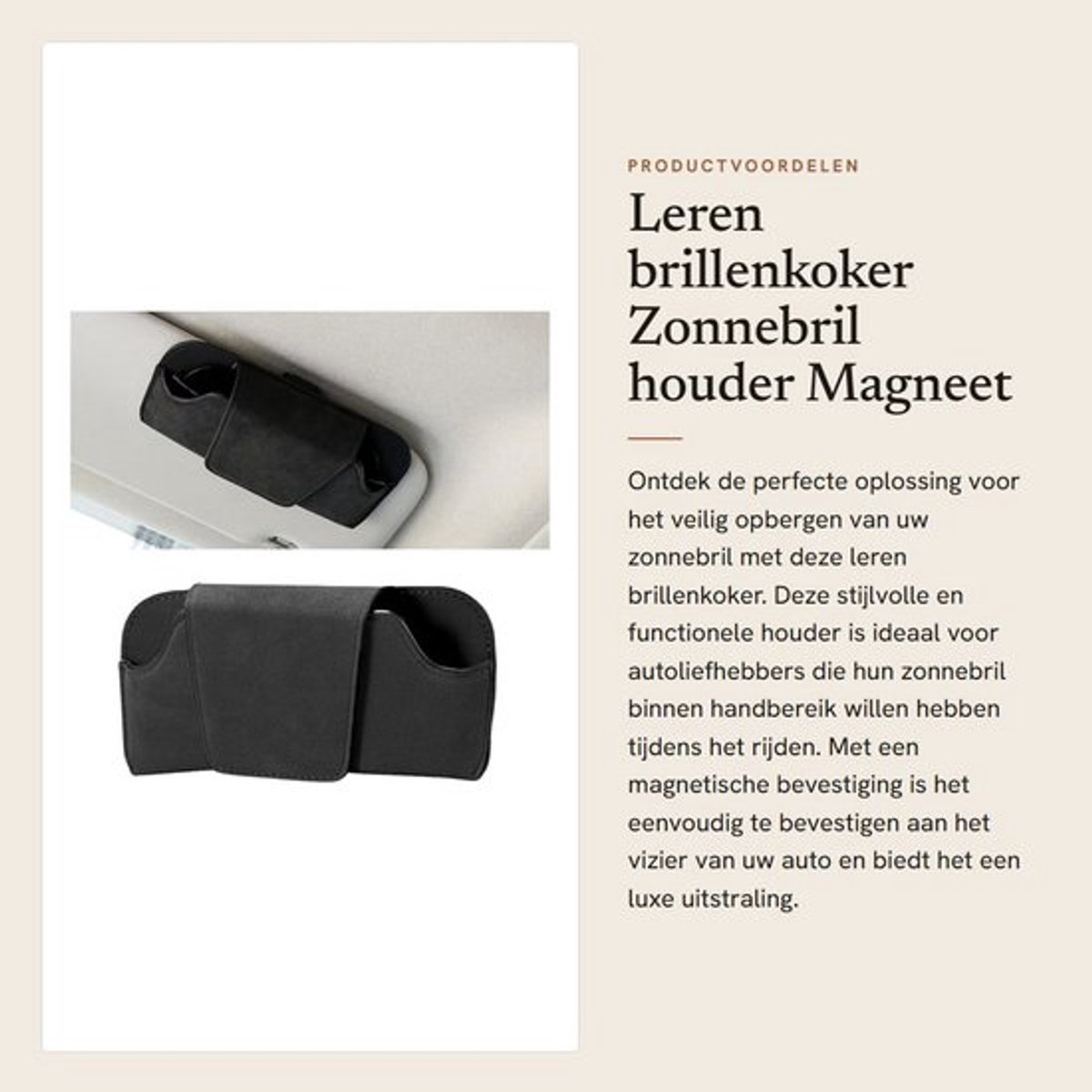 Brillenkoker met clip - Zonnebrilhouder auto - Hittebestendig - Schokbestendig - PU-leer - 170 x 80 mm - Sterke magnetische sluiting