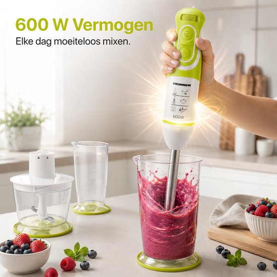 Heinner Staafmixer Set - 600W - 5 Snelheden - Turbo Functie - 700 ml Maatbeker - Hakmolen - Garde - RVS Staaf - Wit/Groen van Heinner — afbeelding 4