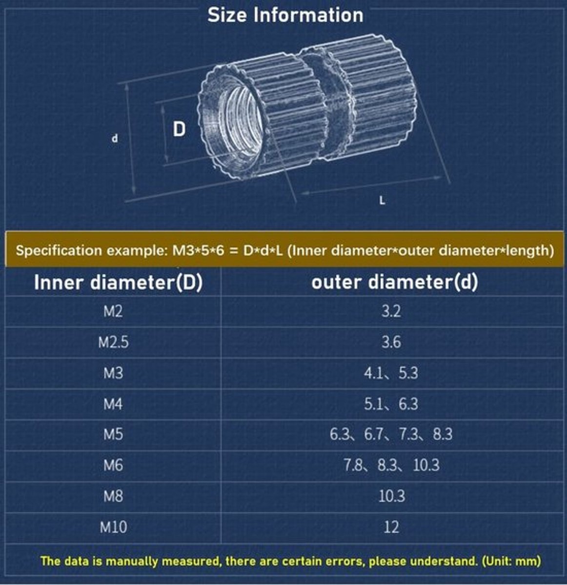 Schroefdraadinzetstukken Gekarteld - Messing - M6 x 20 mm - 10 Stuks - Binnendraad M2-M10 - Hittebestendig - Slijtvast - Kartelmoeren