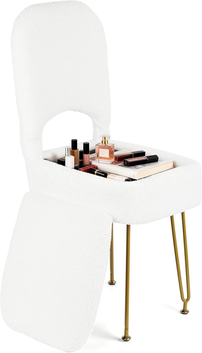 Make-upstoel met opvouwbare rugleuning en geheime opslag, ideaal voor slaapkamer en schoonheidssalon (40 F x 44 B x 82 H cm)