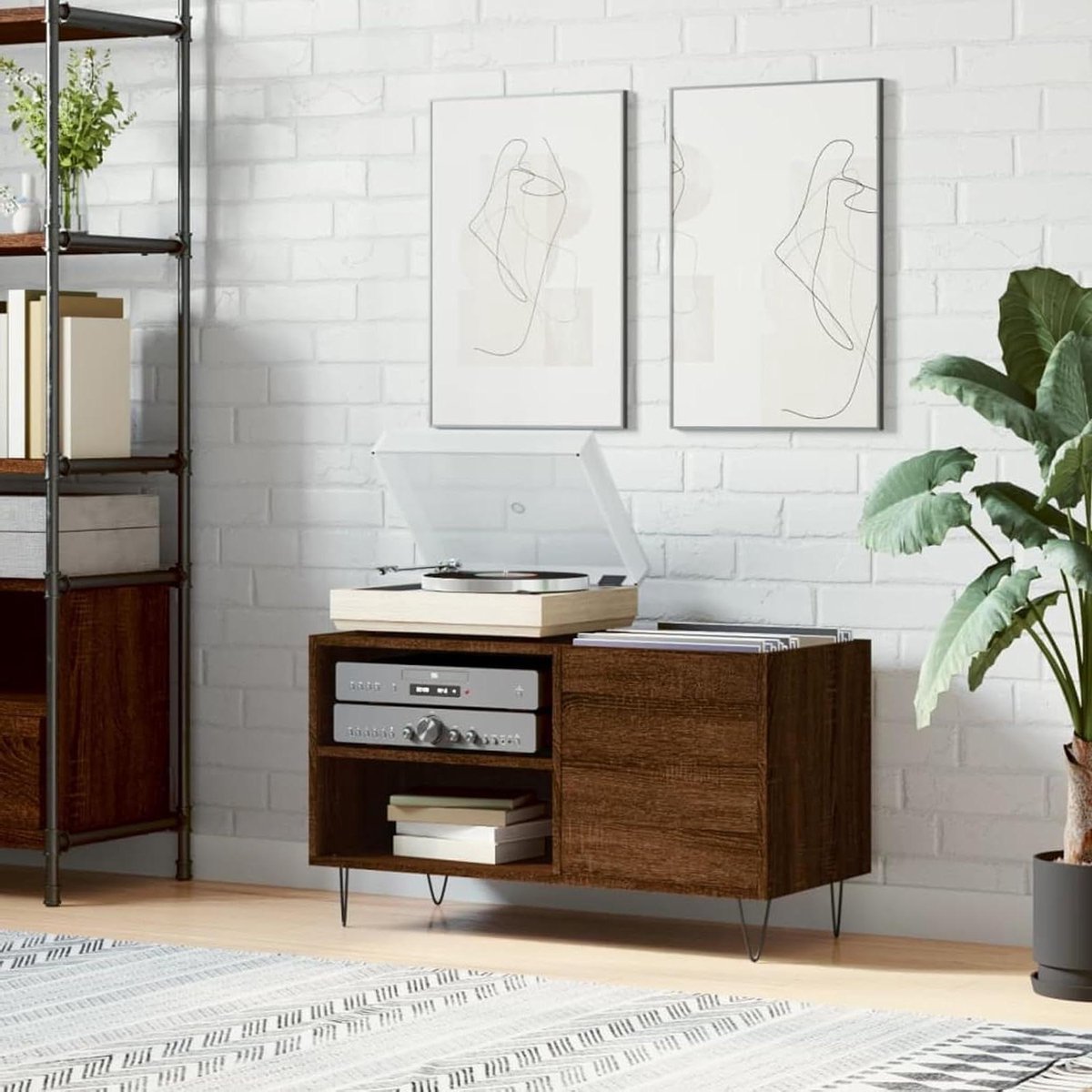 Plaatkast Vinyl - Platenkast Hout - Vinyl Verzameling Opbergen - Stabiele Bovenplaat - 85x38x48 cm - Eikenbruin