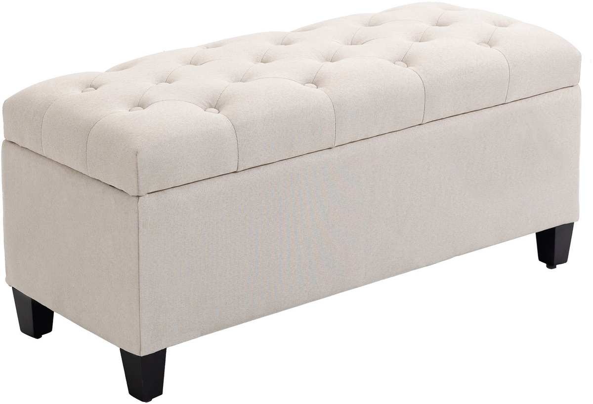 Opbergbank - gestoffeerde bank met linnenlook - opbergkist met houten poten - kistbank voor woonkamer - slaapkamer - hal - 100 x 40 x 44 cm - crèmewit