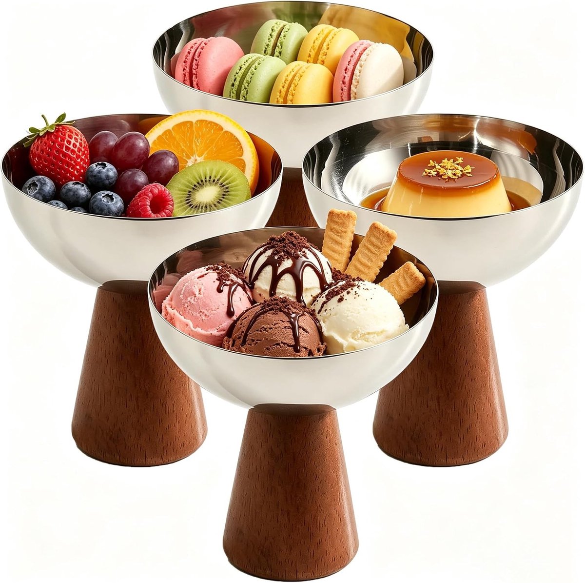 Set van 4 RVS IJsroomkommen - 10 cm Diameter - 200 ml Dessertkommen voor IJs, Cocktails en Salades met Houten Basis