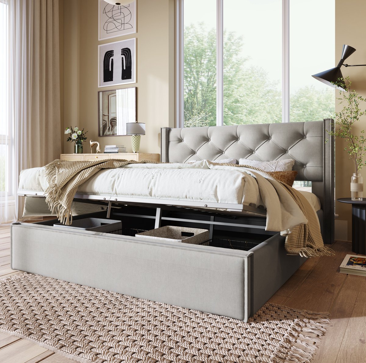 MEUNIQ tweepersoons bed 140x200 cm met opbergruimte, gestoffeerd hoofdbord, opklapbare lattenbodem, lichtgrijs bedframe voor slaapkamer