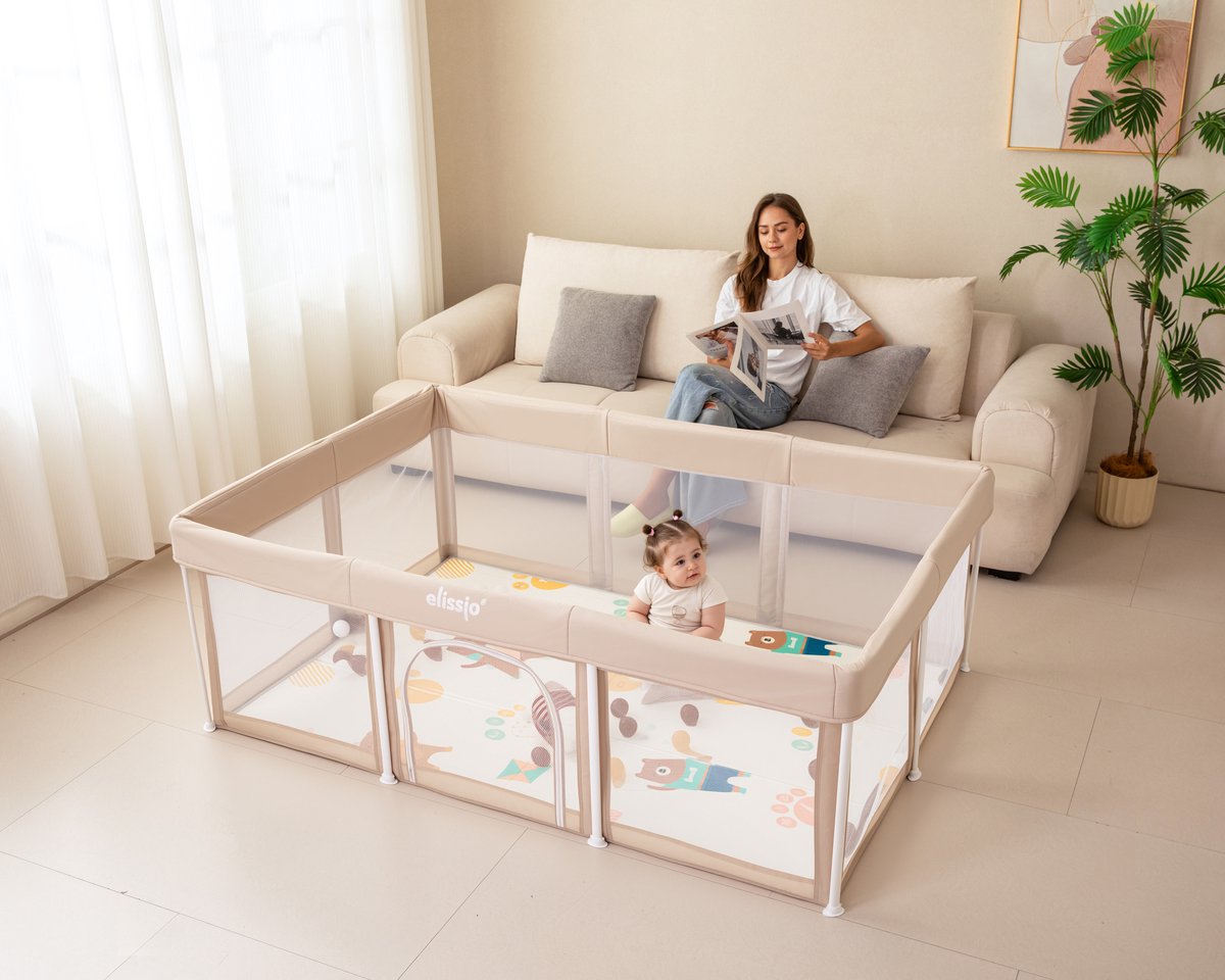 Elissio® - Grondbox Baby - Inklapbare Speelbox met Dubbelzijdige Speelmat & 50 Ballen - Kruipbox - Kinderbox - Playpen Baby - 180x120 CM - Beige – foto 6