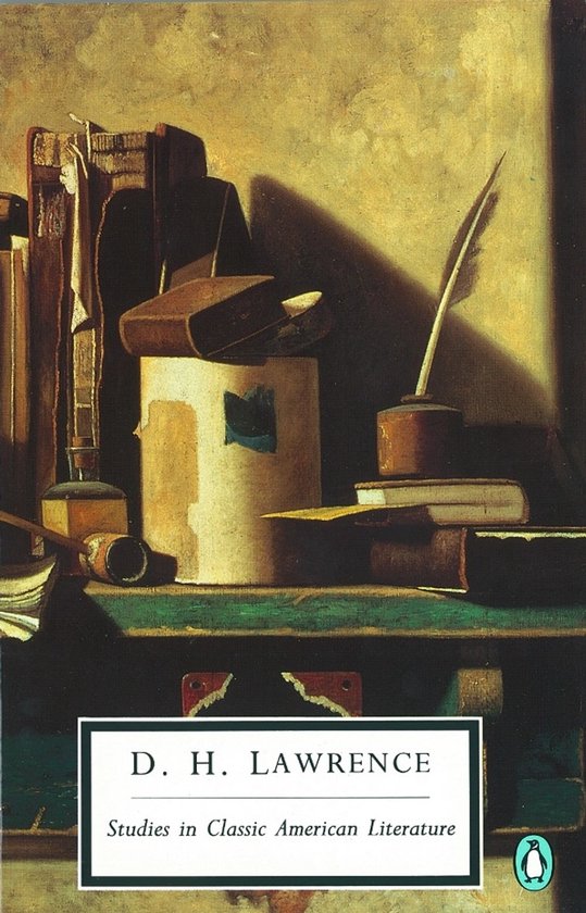 Boek met de titel D. H. Lawrence Studies in Classic American Literature, met een schilderij van een bureau met boeken en schrijfgerei.