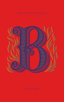 Boekomslag van 'Jane Eyre' door Charlotte Brontë met een grote blauwe letter 'B' op een rode achtergrond, omringd door gele en oranje vlammen.