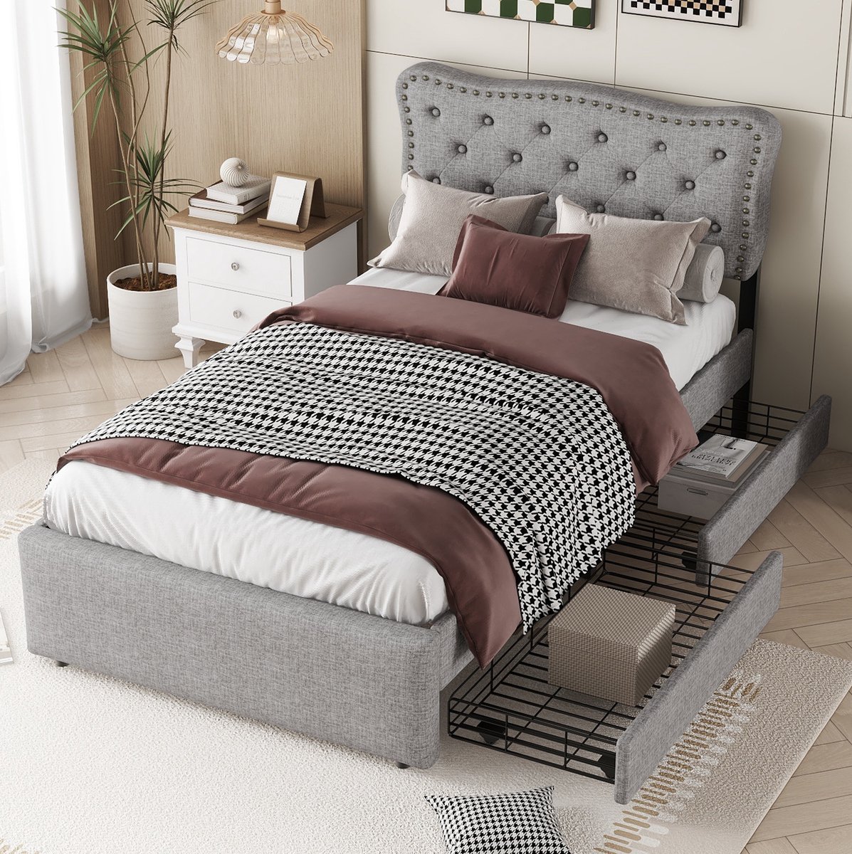 MEUNIQ gestoffeerd eenpersoonsbed 90x200 cm met verstelbaar hoofdbord, 2 opberglades, lattenbodem en decoratieve siernagels voor slaapkamer, grijs