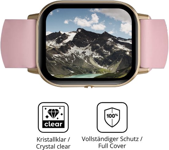 Gouden smartwatch met roze band, wijzerplaat met berglandschap, met iconen voor "crystal clear" en "full cover".