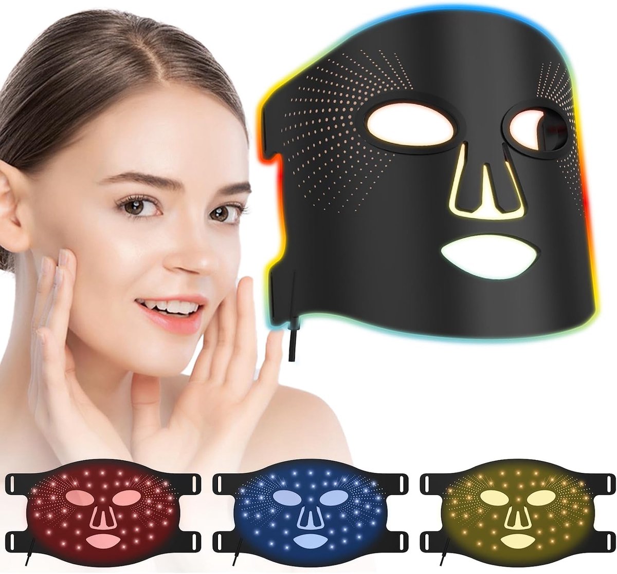 LED Gezichtsmasker - Lichttherapie Apparaat - Huidverbetering Thuis - Drie Kleuren Therapie - 40 LED Lampen - Wit