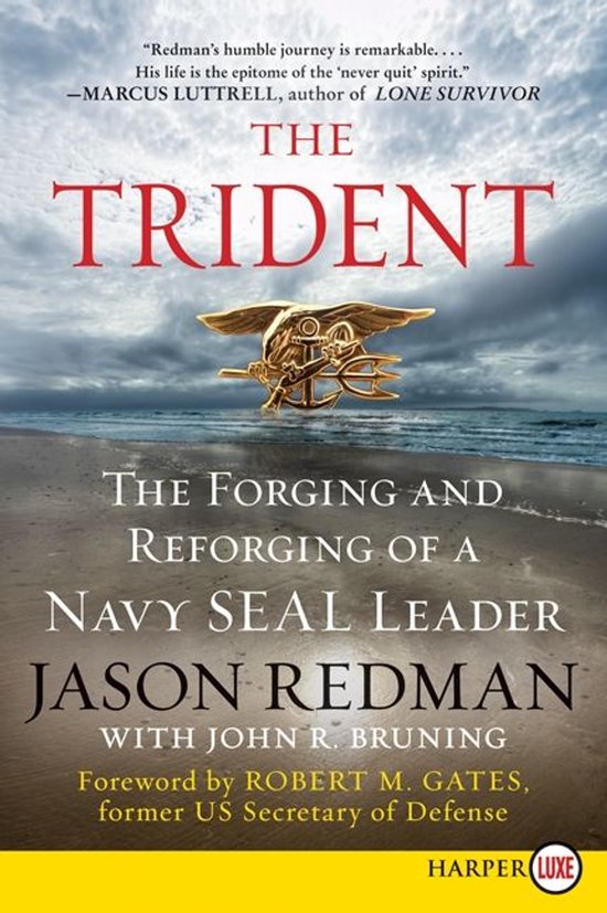 Boekomslag 'The Trident', met de titel en gouden NAVY SEAL trident-insigne tegen een onheilspellende lucht en strand.
