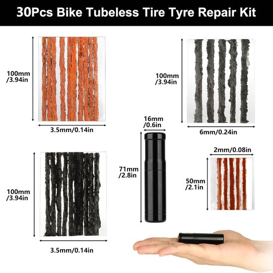 Bandenreparatieset - Tubeless Kit - Fietsbanden Repareren - Drie Maten Strips - 30 Stuks - Zwart Bruin — afbeelding 3