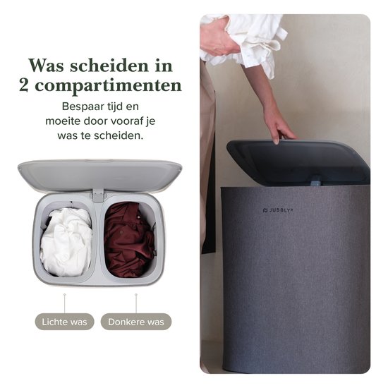 Jubbly® - Wasmand - Wassorteerder - Wasmand met Deksel - Wasmand 2 vakken - Wasmand opvouwbaar - Wasbox - 50 Liter - Grijs - The Splitsmart