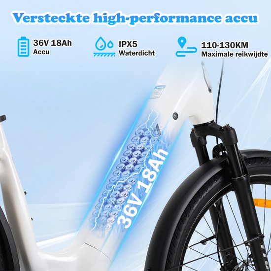 Elektrische Fiets TTGO Z5 - 250W MiddenMotor Stadsfiets - 36V18Ah Accu - 27.5 Inch Banden - Max Snelheid 25km/u - Max Bereik 110-130km - Shimano 9 Versnellingen - Wit — afbeelding 3