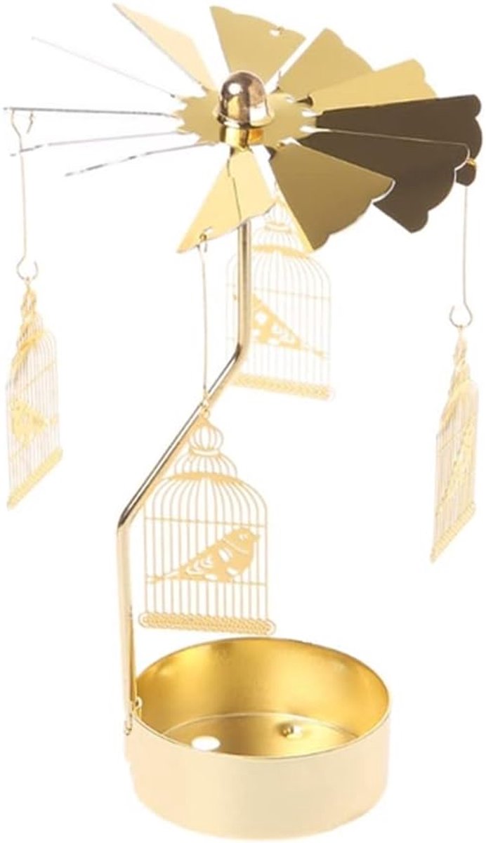 Draaiende Kandelaar - Theelichthouder Carrousel - Sfeerverlichting Creëren - Metalen Aroma Houder - Ca. 13 cm Hoog - Goud