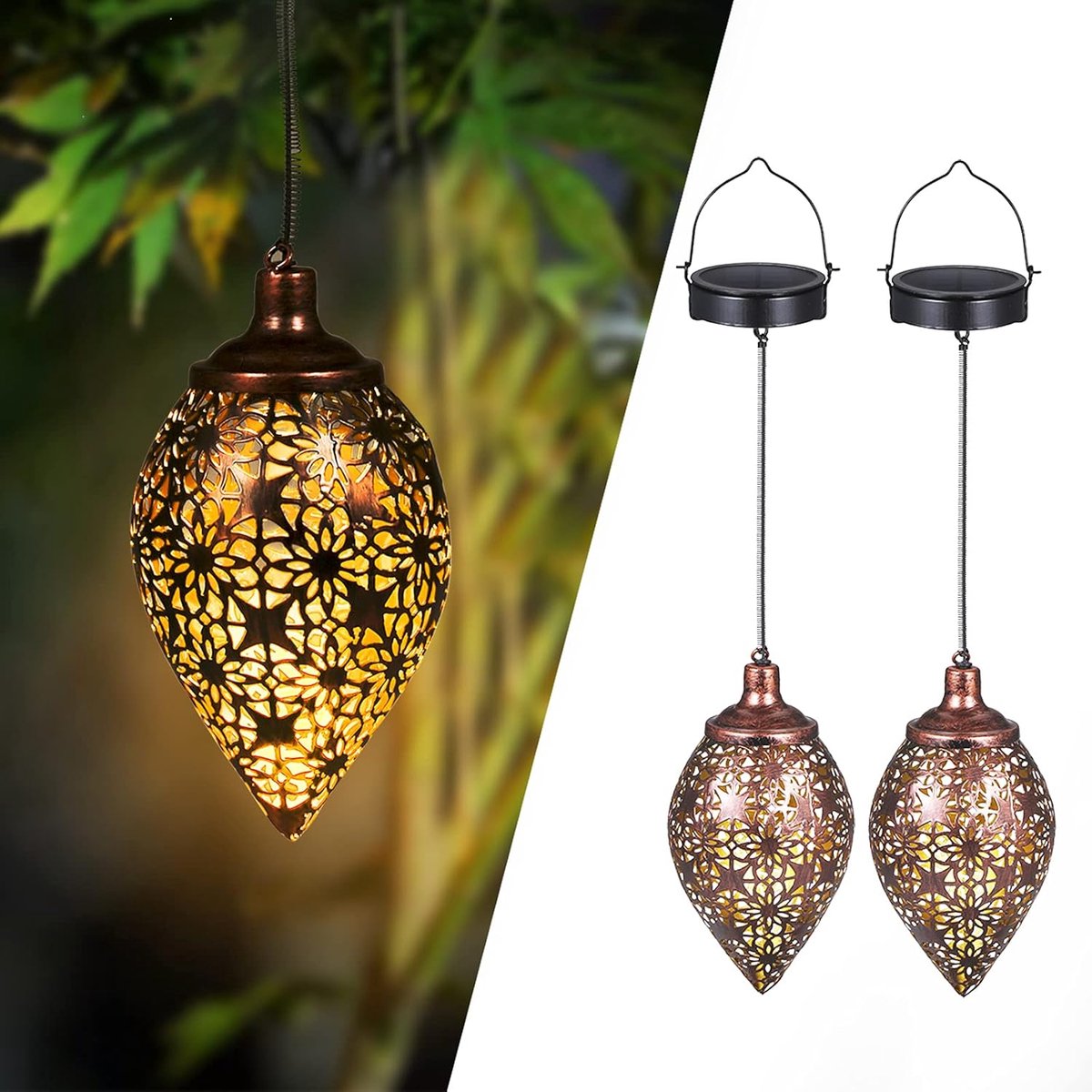 SnelShoppen - Solar Tuinlantaarns 2 Stuks Hangend IP44 Waterdicht Warm Wit LED Tuinverlichting Buitenlampen voor Feesten, Camping, Tuintoebehoren