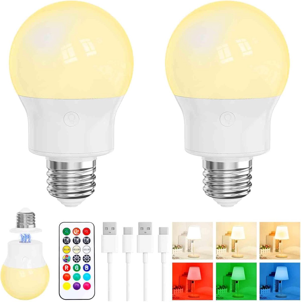 SnelShoppen - Oplaadbare LED Lamp met Afstandsbediening, Dimbaar, Magnetisch, E27 Batterij, 3 Kleurtemperaturen + 9 RGB Kleuren, 480LM, 3 Timer Functi